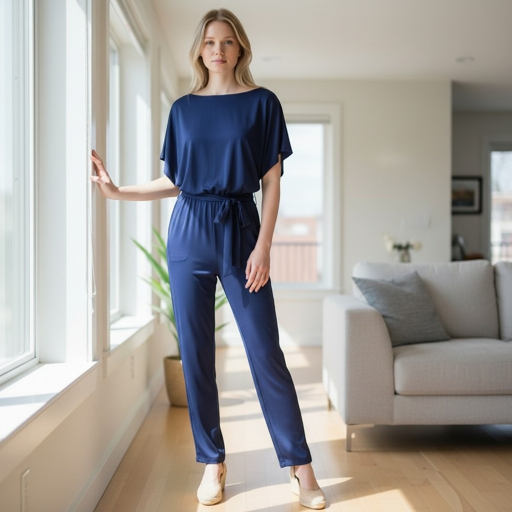 312. Navy Blue Short Sleeve Boat Neck Jumpsuit with Tie Waist and Keyhole Back